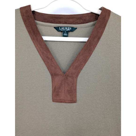 Ralph Lauren Olive Green Cotton Suede Trim Tunic Top XL Classic Preppy Heritage - Picture 4 of 10